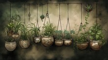  A Group Of Potted Plants Hanging From A Line On A Wall.  Generative Ai