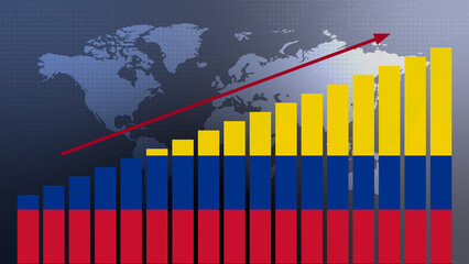 Colombia flag on bar chart concept with increasing values, economic recovery and business improving after crisis and other catastrophe as economy and businesses reopen again