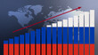 Russia flag on bar chart concept with increasing values, economic recovery and business improving after crisis and other catastrophe as economy and businesses reopen again