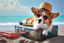 Cute Corgi dog with a straw hat, sunglasses and a suitcase at the beach, summer travel with a pet concept