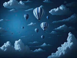 air balloons flying isolated blue background with clouds. ai generative