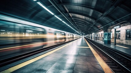 Poster -  a train traveling through a train station next to a platform.  generative ai