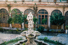 The Majolica Cloister With Fountain In Courtyard Of The Santa Caterina Church, Palermo, Italy.