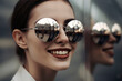 © ADDICTIVE STOCK - Generative AI illustration of a portrait of a beautiful young woman smiling and wearing a set of futuristic sunglasses on blurred background with her shadow