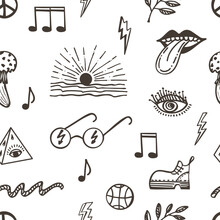 Seamless Pattern With Groove Psychedelic Elements. Retro Design Of Hipster Icons. Doodle Style Graphic. Vintage Trippy Cartoon. Black White Symbols Of 60s 70s 80s 90s Trendy Vector Illustration
