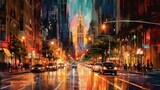 Fototapeta Nowy Jork -  a painting of a city street at night with cars driving down the street and people walking on the sidewalk in the rain and on the sidewalk.  generative ai