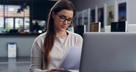 Poster - Education, laptop and a student woman in the library to study for an exam or test in university. Computer, college and learning with a young female pupil studying online during academic scholarship