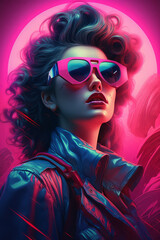 Wall Mural - 1980s vintage neon glow fashion portrait illustration. woman with retro 80's style. Generative ai