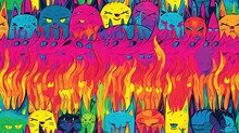  A Group Of Cats That Are In The Middle Of A Fire Filled Field Of Fire And Grass With Faces Drawn On Them, All In Different Colors.  Generative Ai