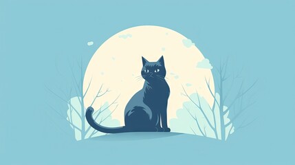  a black cat sitting in front of a full moon on a blue background with trees and branches in the foreground, with the moon in the background.  generative ai