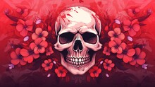  A Painting Of A Skull Surrounded By Red Flowers And Butterflies On A Red Background With A Red Heart In The Center Of The Skull Is Surrounded By Red Flowers.  Generative Ai