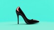  a black high heeled shoe with a pink heel on a blue background with a shadow from the bottom of the shoe to the bottom of the shoe.  generative ai