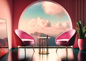 two small pink chairs placed in a room with clouds