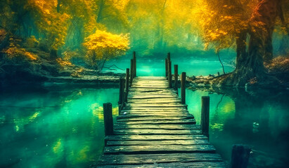 wooden bridge over water in the forest