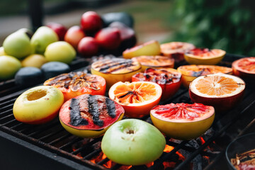 Sticker - Various fruits are baked on barbecue grill. May holidays concept of vegetarian fruit barbecue, party, summer holidays Generative AI