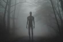 A Human-like Monster In The Misty Forest. A Zombie Standing In The Dark Forest. Horror Or Halloween Concept. Tall, Strange And Scary Human Silhouette. The Death Waiting. Generative Ai.