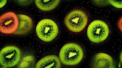  a kiwi fruit with a green center surrounded by other kiwis in a black and green background, with a green spot in the middle of the center.  generative ai