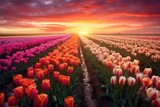 Fototapeta Tulipany - a colorful field of flowers with a beautiful sunset in the background