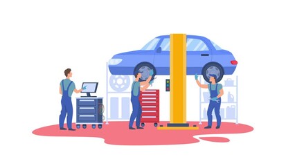 Poster - Cartoon Color Characters People and Car Service Repair Concept Flat Design Style. Illustration of Mechanics and Lifted Auto Animation Effect.
