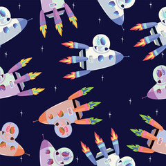 seamless pattern astronauts on a rocket in space in different colors in a cartoon children's multico