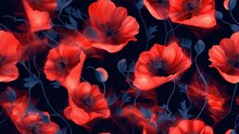  A Bunch Of Red Flowers That Are On A Black Background With A Blue Background And A Red And White Flower On The Bottom Of The Picture.  Generative Ai