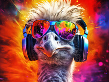 Music Dj Ostrich With Sunglasses And Headphones - Colorful Neon Background - Generative AI