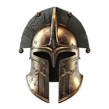 Front View Of Damaged Ancient Greek Spartan Helmet  Medieval Armor, Archeological, Generative Ai