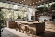 Beautiful Luxurious Sustainable MCM Midcentury Modern Interior Kitchen With Organic Wood Accents With Styled Designer Furniture And Nature Backyard Views Made With Generative Ai
