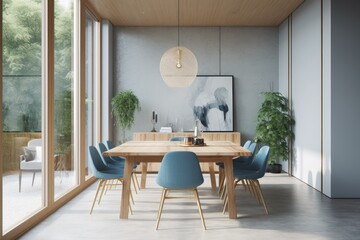 Cozy soft light midcentury modern dining room with spring pastel blue with brass pendant light fixture and large bleached wood paneling and backyard garden views Made with Generative AI