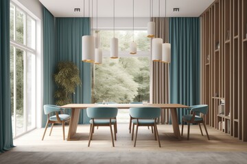 Wall Mural - Bright Luxurious minimal modern dining room interior with large windows blue curtain panels Made with Generative AI