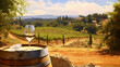 Weinparadies Toskana: Ein Glas Weißwein auf einem Weinfaß im malerischen Weinberg