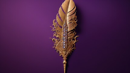Wall Mural -  a golden feather on a purple background with a purple wall in the back ground and a purple wall in the front of the room in the background.  generative ai