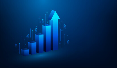 Wall Mural - 3d business investment and graph arrow up growth on blue dark background. achievement technology. income and return on investment. trading stock market increase concept. vector illustration fantastic.