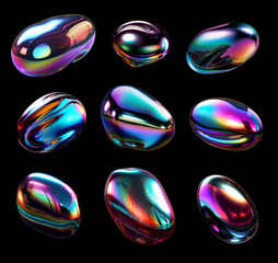 Wall Mural - bold holographic liquid metal blob shapes set isolated. iridescent chrome melted drops. ai generated