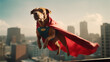 cute dog with superman cape infront of cityview, generative AI