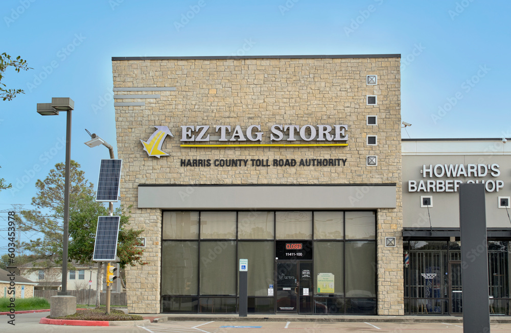 EZ Tag Store business exterior in a Humble, TX strip mall. Transponder