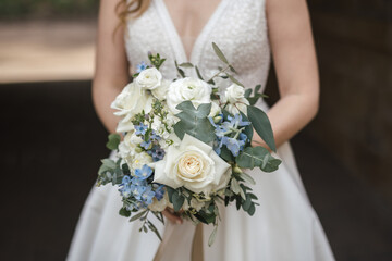 Wall Mural - Beautiful bridal flowers close-up, bridal bouquet with white roses