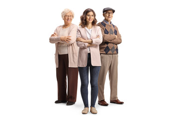 Poster - Young woman standing in front of an elderly man and woman