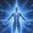 a human body with healing abilities, lights, blue, silver, surreal, science, glowing , superpowers a photograph by arold edgerton