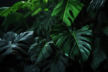 Poster - Green tropical leaves background. Illustration AI Generative.