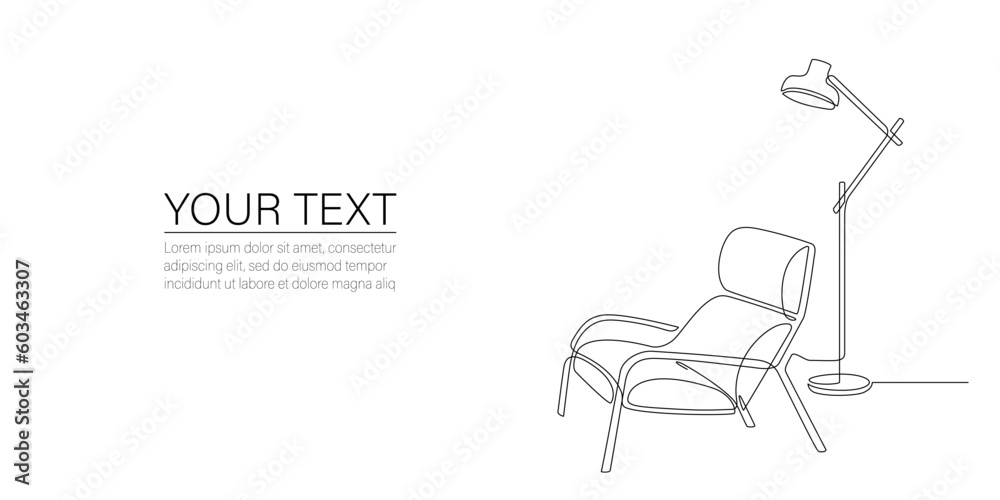 Continuous one line drawing of armchair, lamp with place for text ...