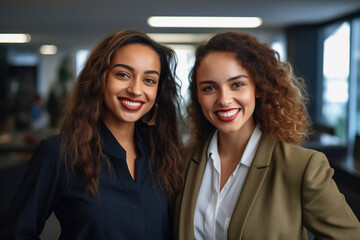 Portrait of multiracial business women smiling on camera inside modern office. AI