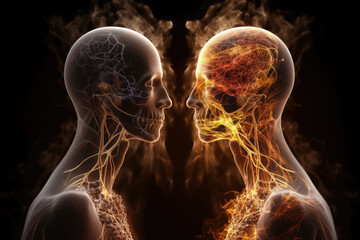 Wall Mural - two spiritual human bodies on dark background. souls connection. created with generative ai