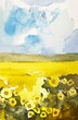Watercolor summer landscape. Blue sky with yellow fields. Beautiful countryside landscape.
