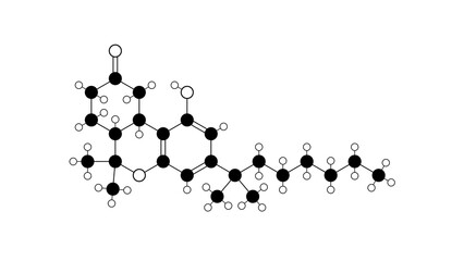 nabilone molecule, structural chemical formula, ball-and-stick model, isolated image antiemetics