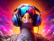 Music dj goose with sunglasses and headphones - Colorful synthwave neon background - Generative AI