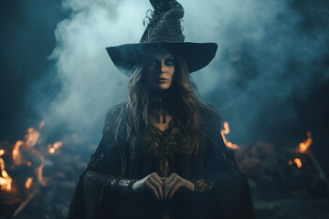 Witch. Woman endowed with witchcraft abilities that she received from nature or learned to witch. Broom, familiars, pointed hat, cauldron. Capable of harming people, sending disease. Generative AI