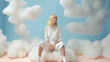 © Uncanny Valley - A young, beautiful girl who is in the clouds, thick white clouds on clear blue sky. A symbol of happiness, joy and freedom, a cute girl in a pastel outfit. Generative AI.
