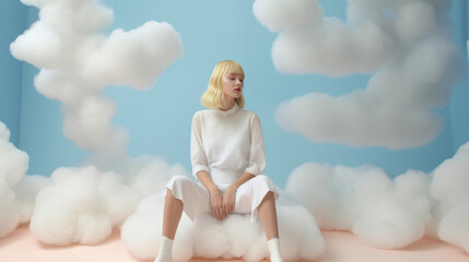 Wall Mural - A young, beautiful girl who is in the clouds, thick white clouds on clear blue sky. A symbol of happiness, joy and freedom, a cute girl in a pastel outfit. Generative AI.