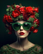 © Uncanny Valley - Vintage portrait of a young beautiful girl wearing a wreath of flowers and branches on her head. Rustic, alternative abstract lady costume. Generative AI.